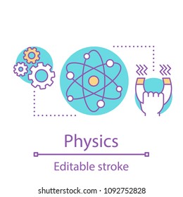 Physics concept icon. School or university subject idea thin line illustration. Molecular structure and magnetism. Physical phenomenons. Vector isolated outline drawing. Editable stroke