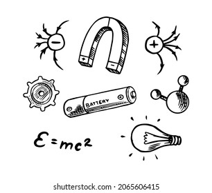 Physics concept. Magnet and negative and positively charged particles of electrons. Battery and nanoparticle. Mass Energy equivalence. Engraved hand drawn old sketch.