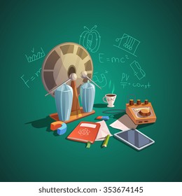 Physics concept with retro cartoon science icons set vector illustration