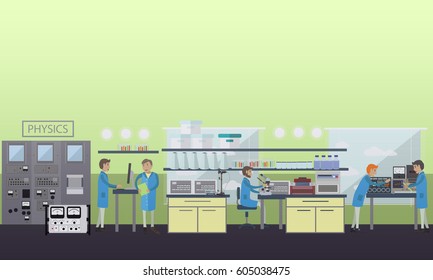 Physics concept vector illustration in flat style. laboratory interior, physicists carrying out experiments using lab glassware and equipment.