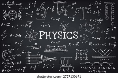 Conceptos de física ilustrados en pizarra con fórmulas y diagramas. Diseño educativo para entusiastas de la ciencia y estudiantes en estilo de tiza monocromática.