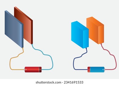 Physics conductive sheet. Parallel circuit, basic electric circuits experiment, flat design illustration. Electric, accumulator, battery.