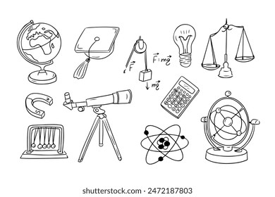 Physics contour doodle collection with academic hat and telescope. Monochrome educational outline stickers. Clipart of sketchy outline drawings isolated on white background