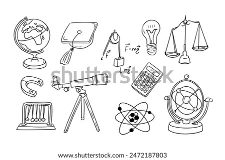 Physics contour doodle collection with academic hat and telescope. Monochrome educational outline stickers. Clipart of sketchy outline drawings isolated on white background