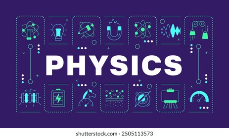 Physics dark blue word concept. School subject. Natural science. Stem education. Lab equipment. Visual communication. Vector art with lettering text, editable glyph icons