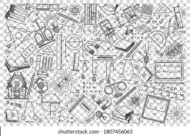 Physics doodle set. Collection of hand drawn sketches templates drawing patterns of physical laws formulae and euipment tools for tests. Back to school and education illustration.