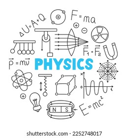 Physics doodle set. Education and study concept. School equipment, formulas, schemes in sketch style. Vector illustration isolated on white background