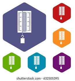 Physics dynamometer for laboratory work icons set hexagon isolated vector illustration
