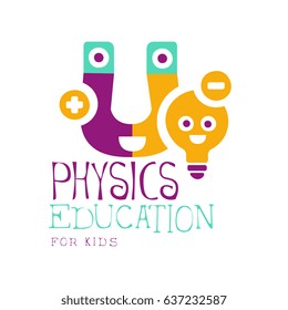 Physics Education For Kids Logo Symbol. Colorful Hand Drawn Label