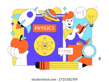 Física Educación Ilustración vectorial Mostrando Estudiantes Investigando Electricidad, Magnetismo, Ondas de Luz, Fuerzas, Exploración de Tecnología Científica