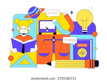 Física Educación Ilustración vectorial Mostrando Estudiantes Investigando Electricidad, Magnetismo, Ondas de Luz, Fuerzas, Exploración de Tecnología Científica