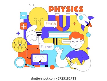 Física Educación Ilustración vectorial Mostrando Estudiantes Investigando Electricidad, Magnetismo, Ondas de Luz, Fuerzas, Exploración de Tecnología Científica