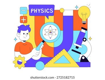 Física Educación Ilustración vectorial Mostrando Estudiantes Investigando Electricidad, Magnetismo, Ondas de Luz, Fuerzas, Exploración de Tecnología Científica