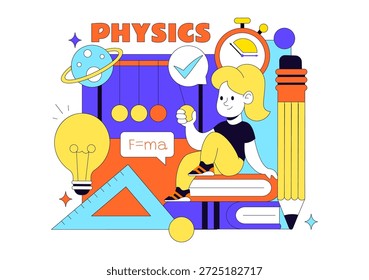 Física Educación Ilustración vectorial Mostrando Estudiantes Investigando Electricidad, Magnetismo, Ondas de Luz, Fuerzas, Exploración de Tecnología Científica