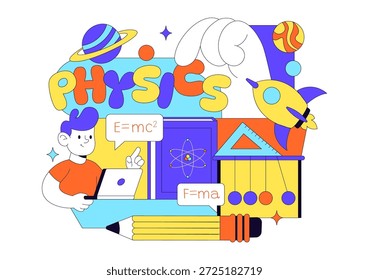 Física Educación Ilustración vectorial Mostrando Estudiantes Investigando Electricidad, Magnetismo, Ondas de Luz, Fuerzas, Exploración de Tecnología Científica