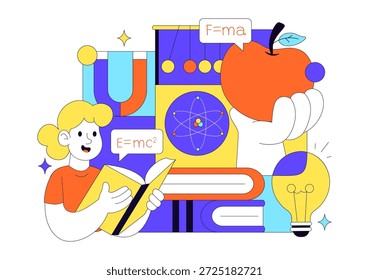 Física Educación Ilustración vectorial Mostrando Estudiantes Investigando Electricidad, Magnetismo, Ondas de Luz, Fuerzas, Exploración de Tecnología Científica