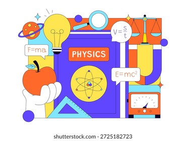 Física Educación Ilustración vectorial Mostrando Estudiantes Investigando Electricidad, Magnetismo, Ondas de Luz, Fuerzas, Exploración de Tecnología Científica