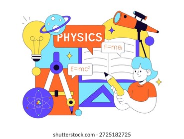Física Educación Ilustración vectorial Mostrando Estudiantes Investigando Electricidad, Magnetismo, Ondas de Luz, Fuerzas, Exploración de Tecnología Científica
