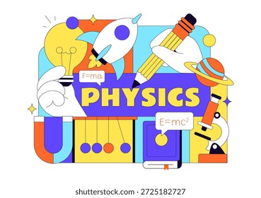 Física Educación Ilustración vectorial Mostrando Estudiantes Investigando Electricidad, Magnetismo, Ondas de Luz, Fuerzas, Exploración de Tecnología Científica