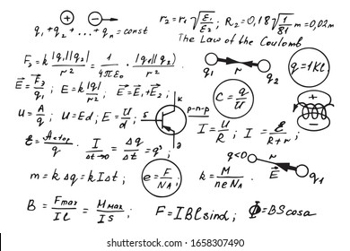 Physics, electronic engineering, mathematics equation and calculations, endless hand writing. Vector scientific and technology illustration on whiteboard.