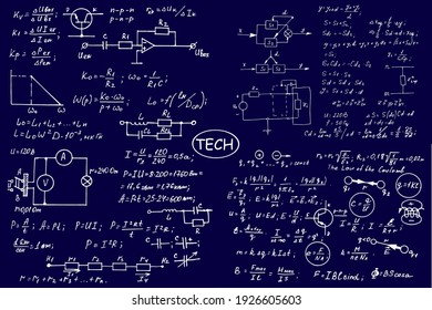 Physics, Electronic Engineering, Mathematics Equation, Scheme And Calculations, Endless Hand Writing. Vector Blueprint. Technology Background.