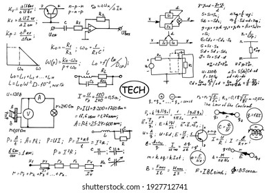 Physics, Electronic Engineering, Mathematics Equation, Scheme And Calculations, Endless Hand Writing. Vector Whiteboard. Technology Background.