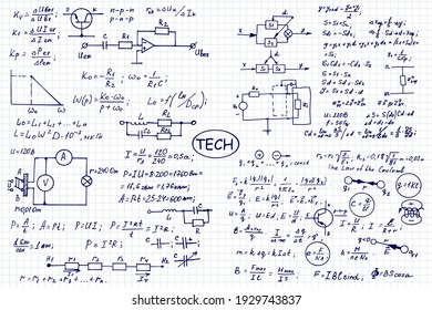 Physics, Electronic Engineering, Mathematics Equation And Calculations, Endless Hand Writing. Vector Scientific And Technology Illustration On Notebook Page.