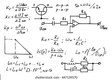 Physics, electronic engineering, mathematics equation and calculations, endless hand writing. Vector whiteboard. Education background.