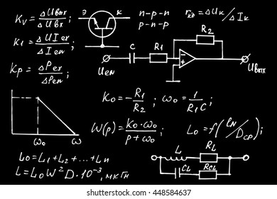 Physics, electronic engineering, mathematics equation and calculations, endless hand writing. Vector school board. Education background.