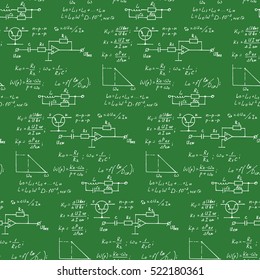 Physics, electronic engineering, mathematics equation and calculations, endless hand writing. Vector blackboard. Technology seamless pattern.
