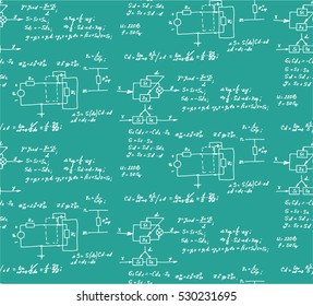 Physics, electronic engineering, mathematics equation and calculations, endless hand writing. Vector chalkboard. Scientific seamless pattern.