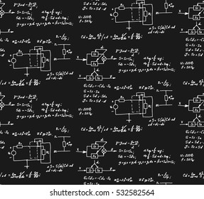 Physics, Electronic Engineering, Mathematics Equation And Calculations, Endless Hand Writing. Vector Chalkboard. Scientific Vintage Seamless Pattern.