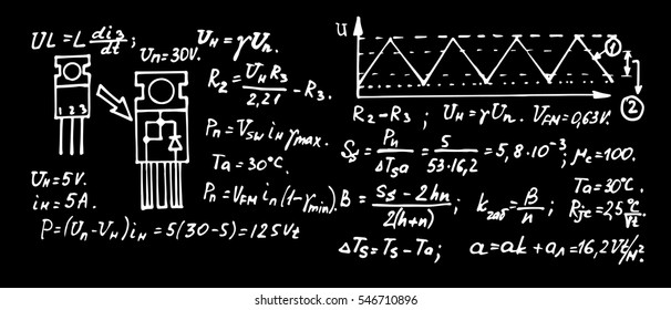 Physics, electronic engineering, mathematics equation and calculations, endless hand writing. Vector school board. Education vintage background.