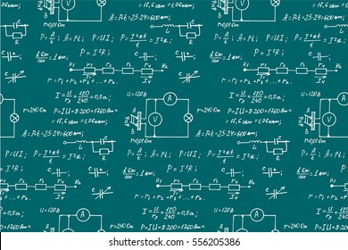 Physics, electronic engineering, mathematics equation and calculations, endless hand writing. Vector chalkboard. Scientific seamless pattern.