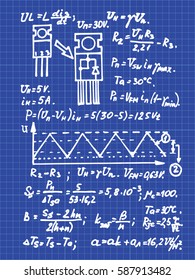 Physics, electronic engineering, mathematics equation and calculations, endless hand writing. Vector vintage blueprint. Technology background.