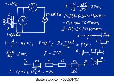 Physics, electronic engineering, mathematics equation and calculations, endless hand writing. Vector blueprint. Education and scientific background.