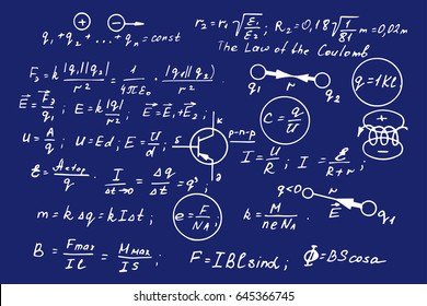 Physics, electronic engineering, mathematics equation, scheme and calculations, endless hand writing. Vector blueprint. Technology background.