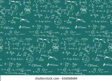Physics, electronic engineering, mathematics equation, scheme and calculations, endless hand writing. Vector blackboard. Educational and scientific seamless pattern.