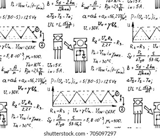 Physics, electronic  engineering, mathematics equation and calculations, endless hand writing. Vector whiteboard. Scientific and educational vintage seamless pattern.