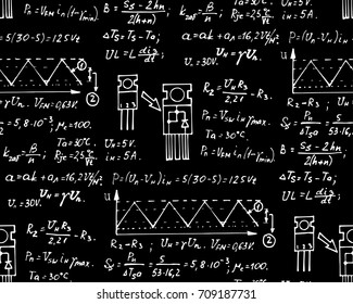Physics, electronic engineering, mathematics equation, scheme and calculations, endless hand writing. Vector blackboard. Technology and scientific seamless pattern.
