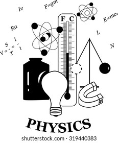 Physics emblem. Good combination of famous physical symbols. For scientific organizations, schools, and universities.
