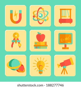 Physics equipment teaching and studying decorative icons set of blackboard  telescope and lightbulb  isolated vector illustration