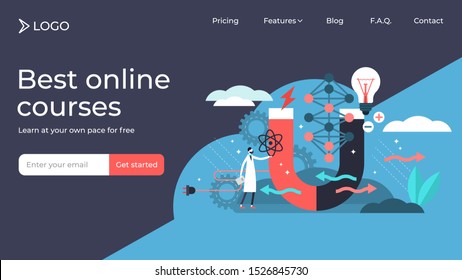 Physics flat tiny persons vector illustration landing page template design. Scientific research of electricity, magnetism, light wave and forces. Universe behavior knowledge. Theoretical school study.