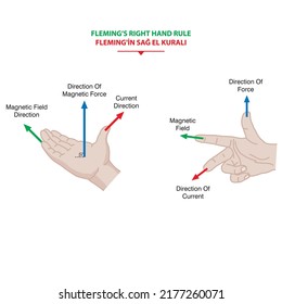 Physics - fleming's right hand rule. magnetic field. direction of current. direction of force. current by direction of magnetic field and force. Fleming's Right Rule infographic