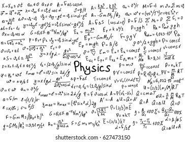 Physics formulas drawn by hand on a white chalkboard for the background. Vector illustration.