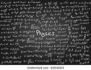 Physics formulas drawn by hand on a black chalkboard for the background. Vector illustration.