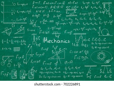 Physics formulas drawn by hand on a green unclean chalkboard for the background. Vector illustration.