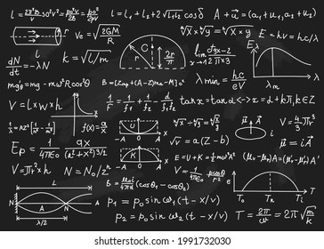 Physics formulas. Mathematical equations, physics theories, arithmetic calculations. Blackboard with scientific formulas vector background. Education, learning at university or school - Shutterstock ID 1991732030