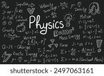 Physics formulas, science and education background. Chalkboard inscribed with scientific formulas and calculations in physics and mathematics. Retro vector illustration