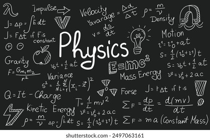 Physics formulas, science and education background. Chalkboard inscribed with scientific formulas and calculations in physics and mathematics. Retro vector illustration